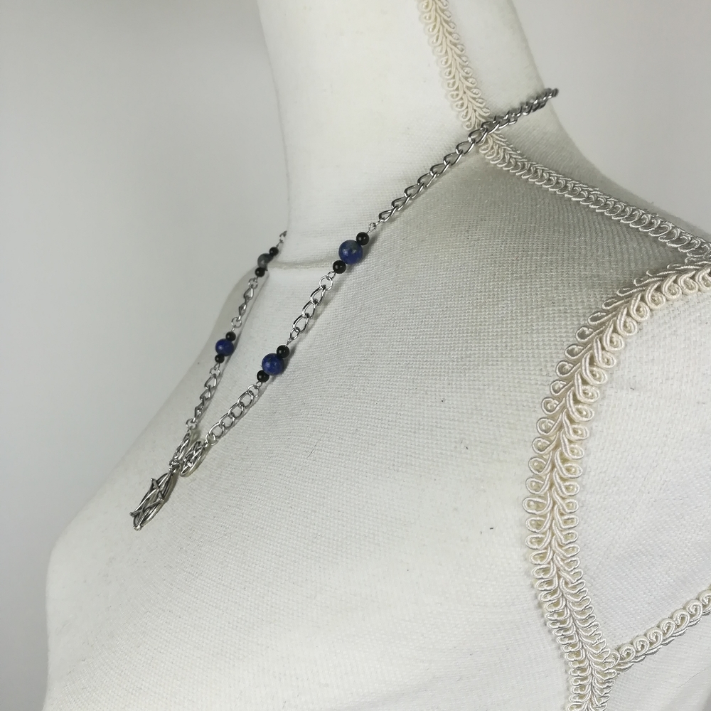 Lapis Lazuli and Black Jasper triple pentacle necklace witchy new age pagan - Picture 3 of 3